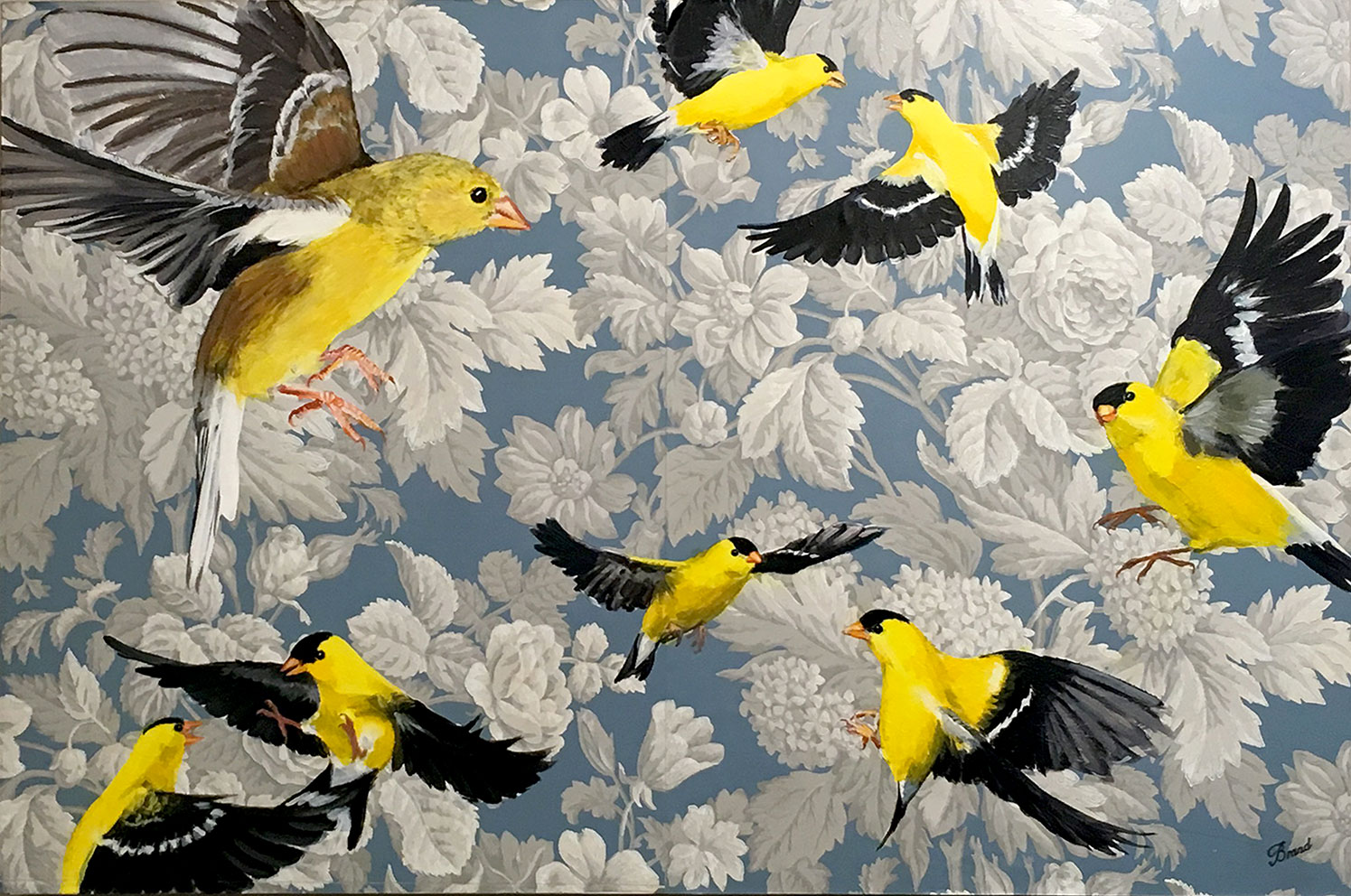 Charmed, Acrylic painting of Goldfinches on Wallpaper mounted on panel, 24 x 36 inches, 2017, Private Collection