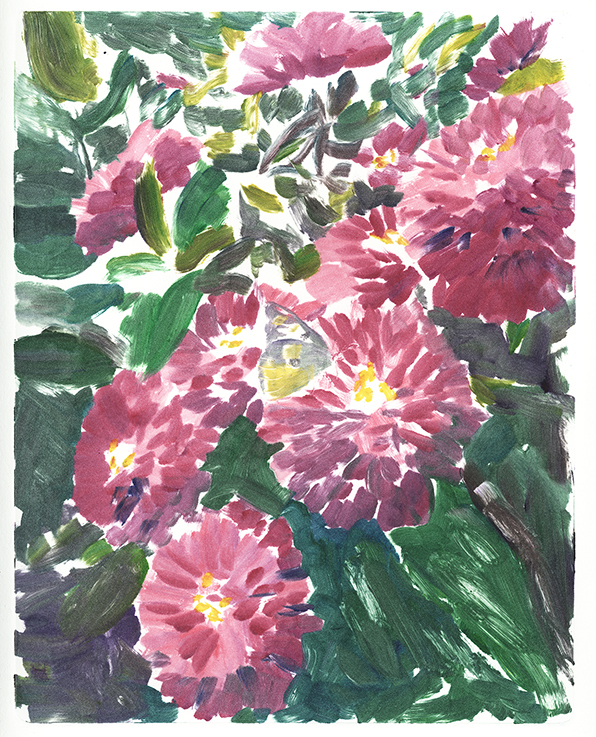 Color monotype of zinnias and a sulphur butterfly