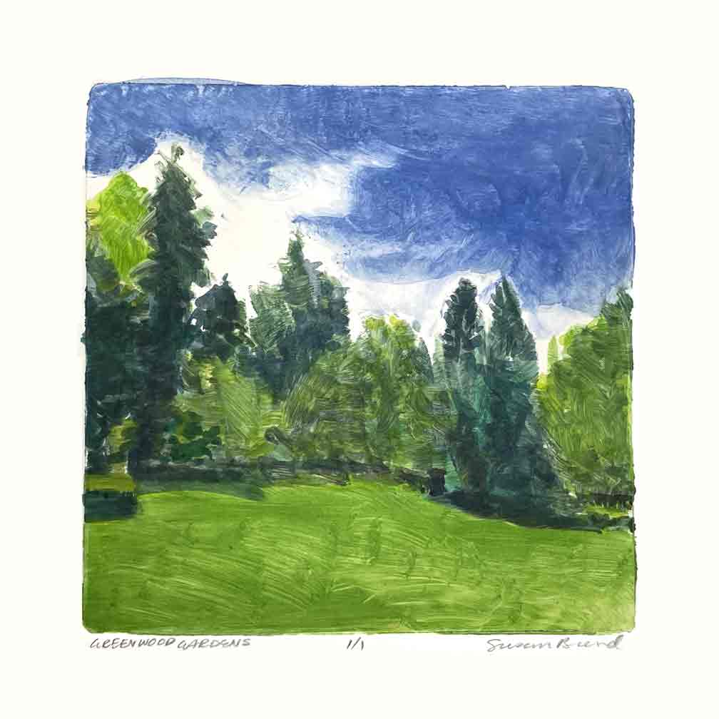 A colorful monotype titled Greenwood Gardens, 5×7-$400