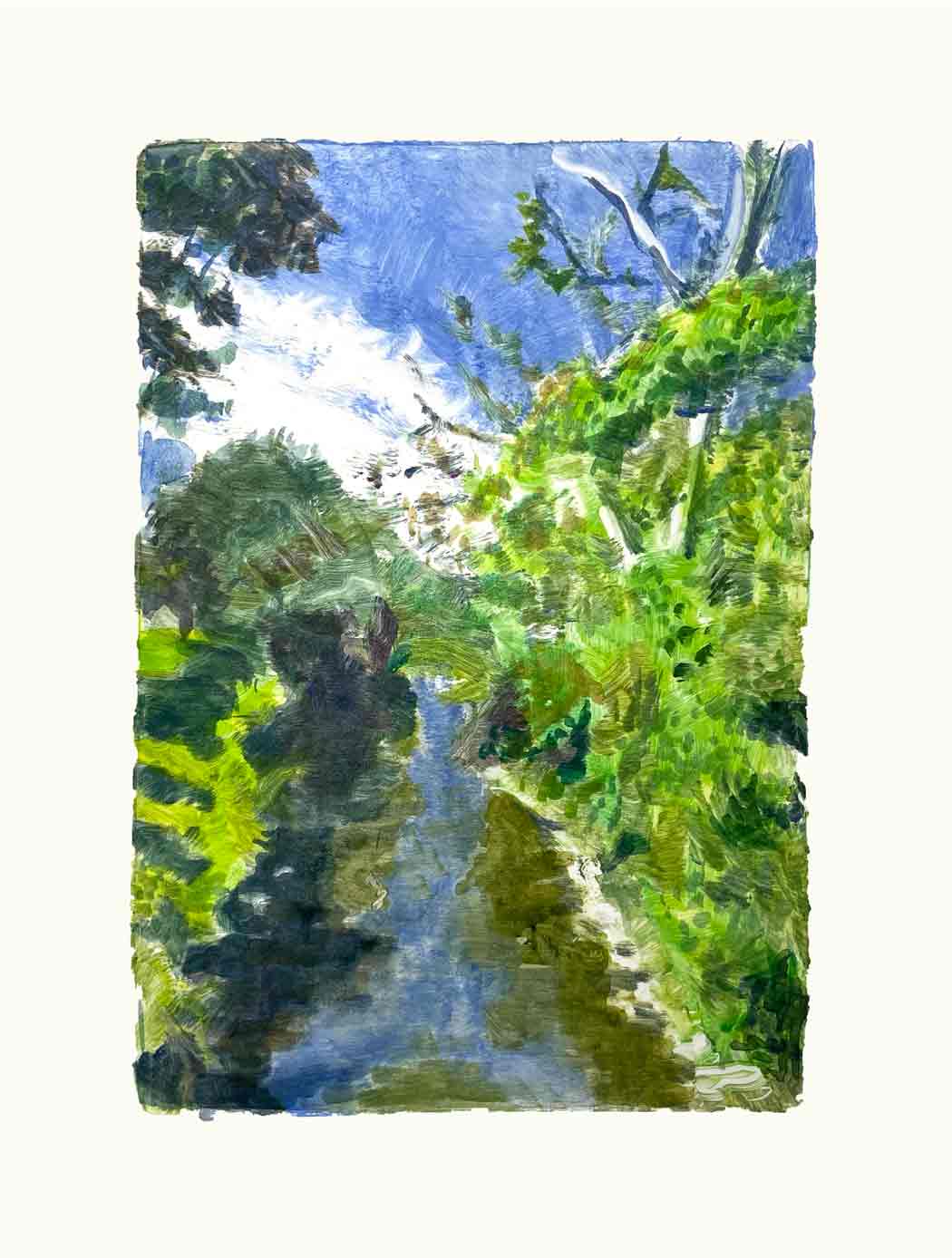 A colorful monotype titled Morning Walk, 5×7-$400